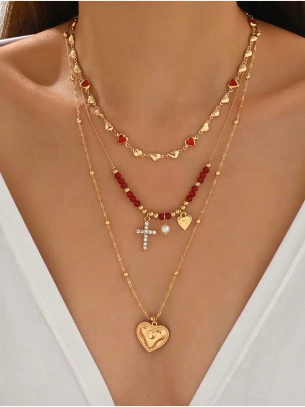 Gold Layered Heart & Cross Necklace Set with Red Accents